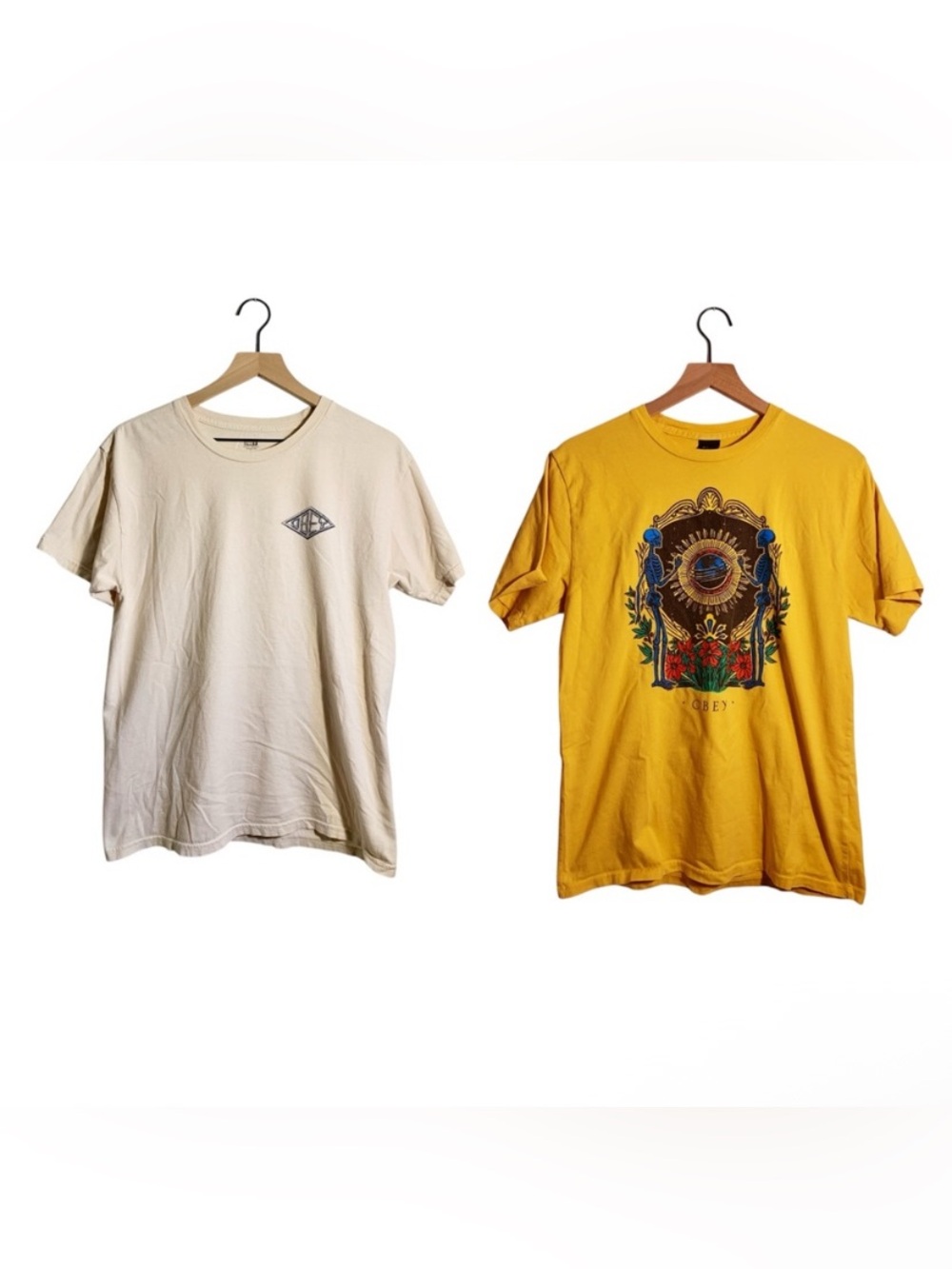Obey T-Shirt Bundle (2) Yellow Skeleton and Cream Logo Graphic Tees
